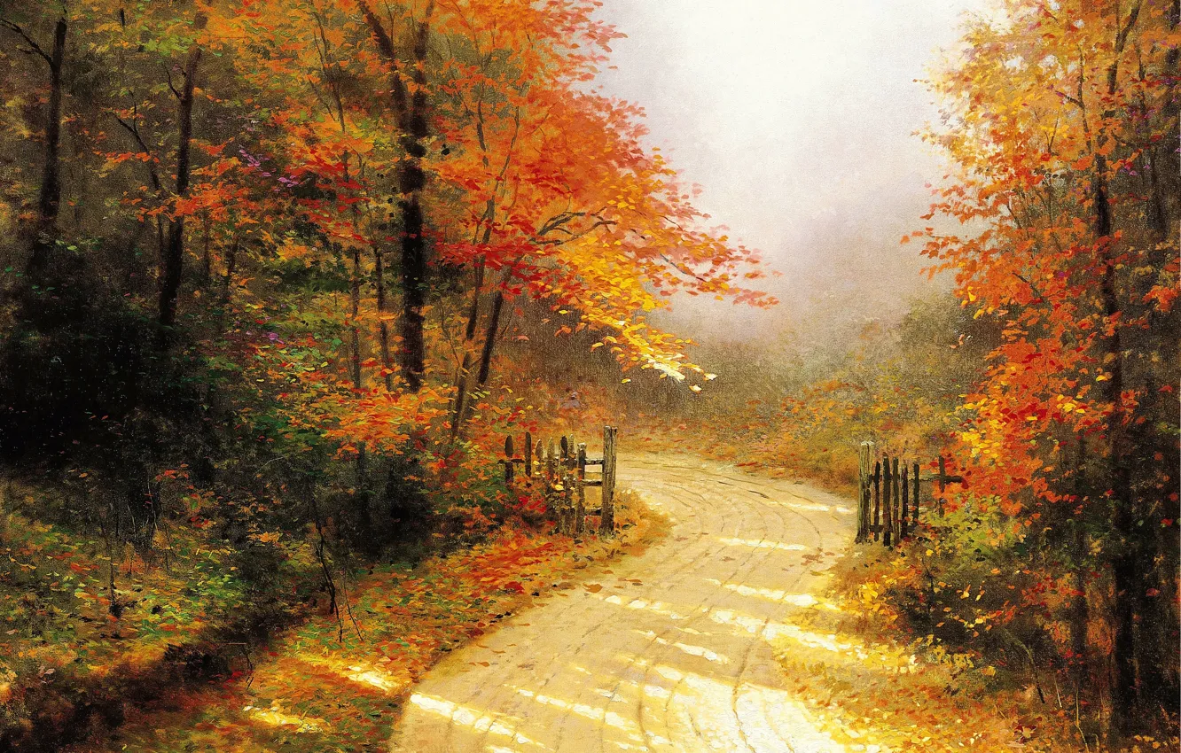 Photo wallpaper road, autumn, forest, painting, Thomas Kinkade, painting, gold, Thomas Kinkade