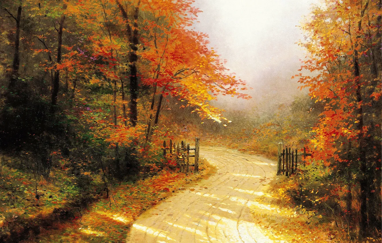 Photo wallpaper road, autumn, forest, gold, painting, Thomas Kinkade, painting, Thomas Kinkade