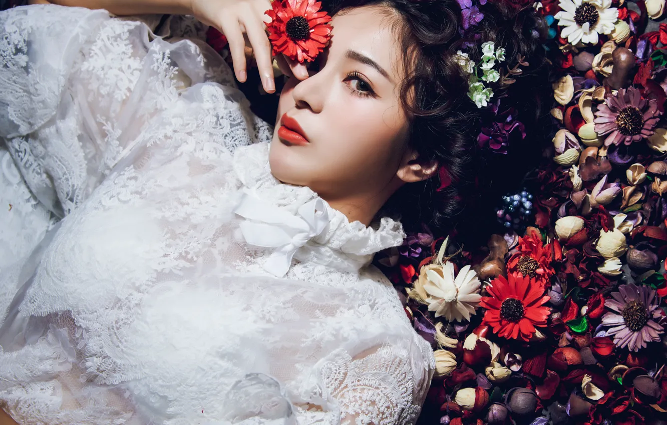 Photo wallpaper look, flowers, style, mood, model, blouse, Asian