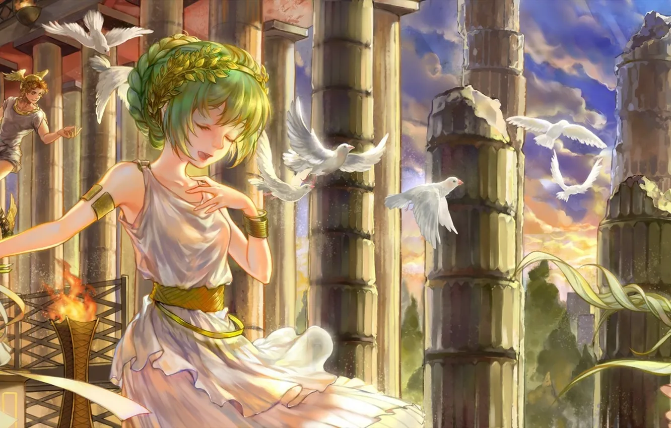 Photo wallpaper the sky, clouds, birds, girls, wings, anime, art, pigeons