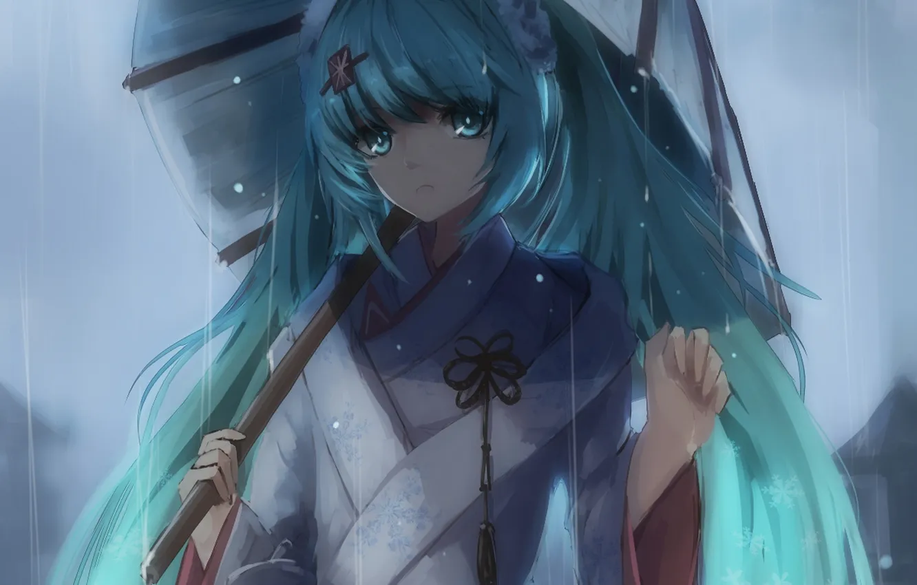 Photo wallpaper girl, rain, umbrella, anime, art, kimono, vocaloid, hatsune miku
