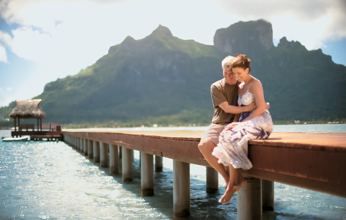 Photo wallpaper mountains, the ocean, pier, two