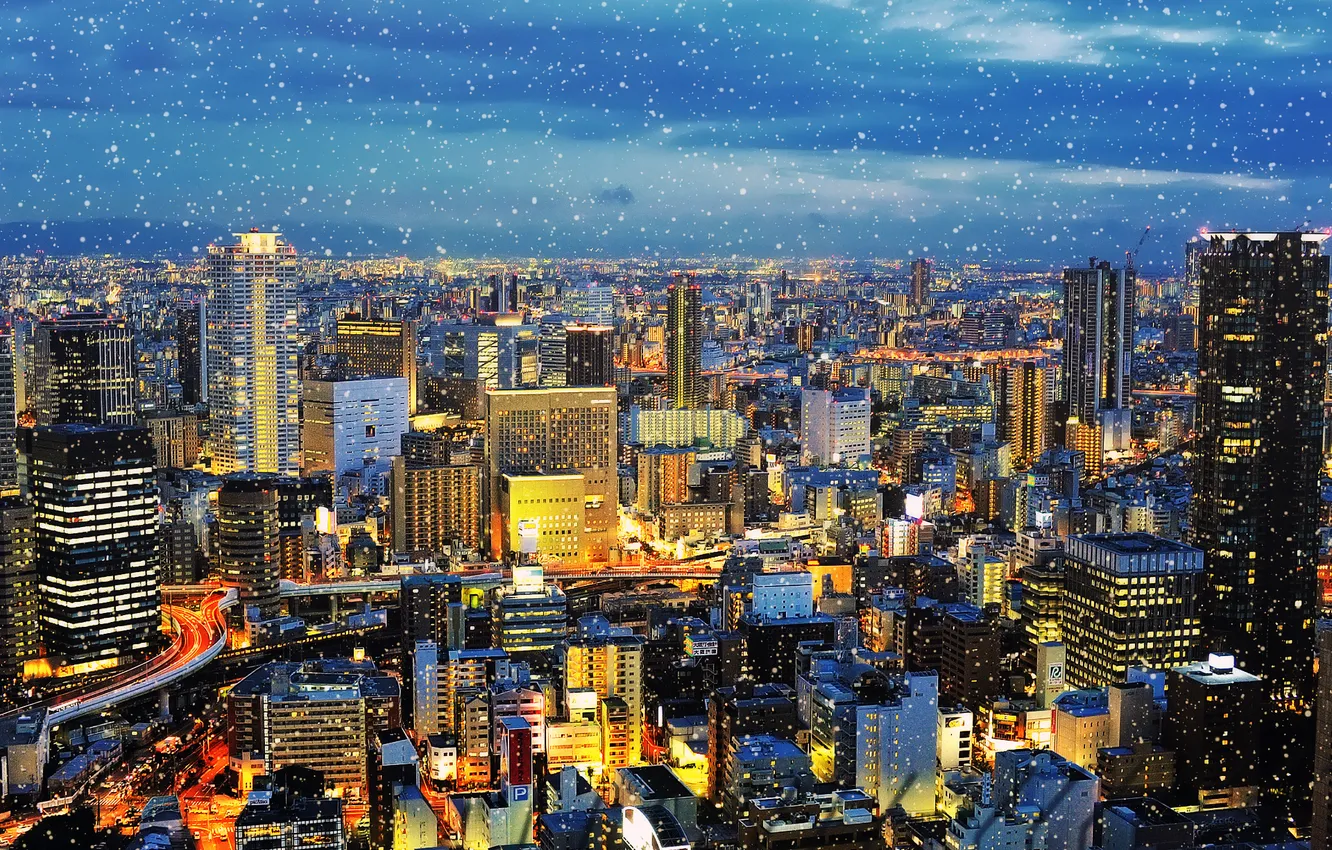 Photo wallpaper winter, snow, the city, lights, Japan, the evening, Osaka