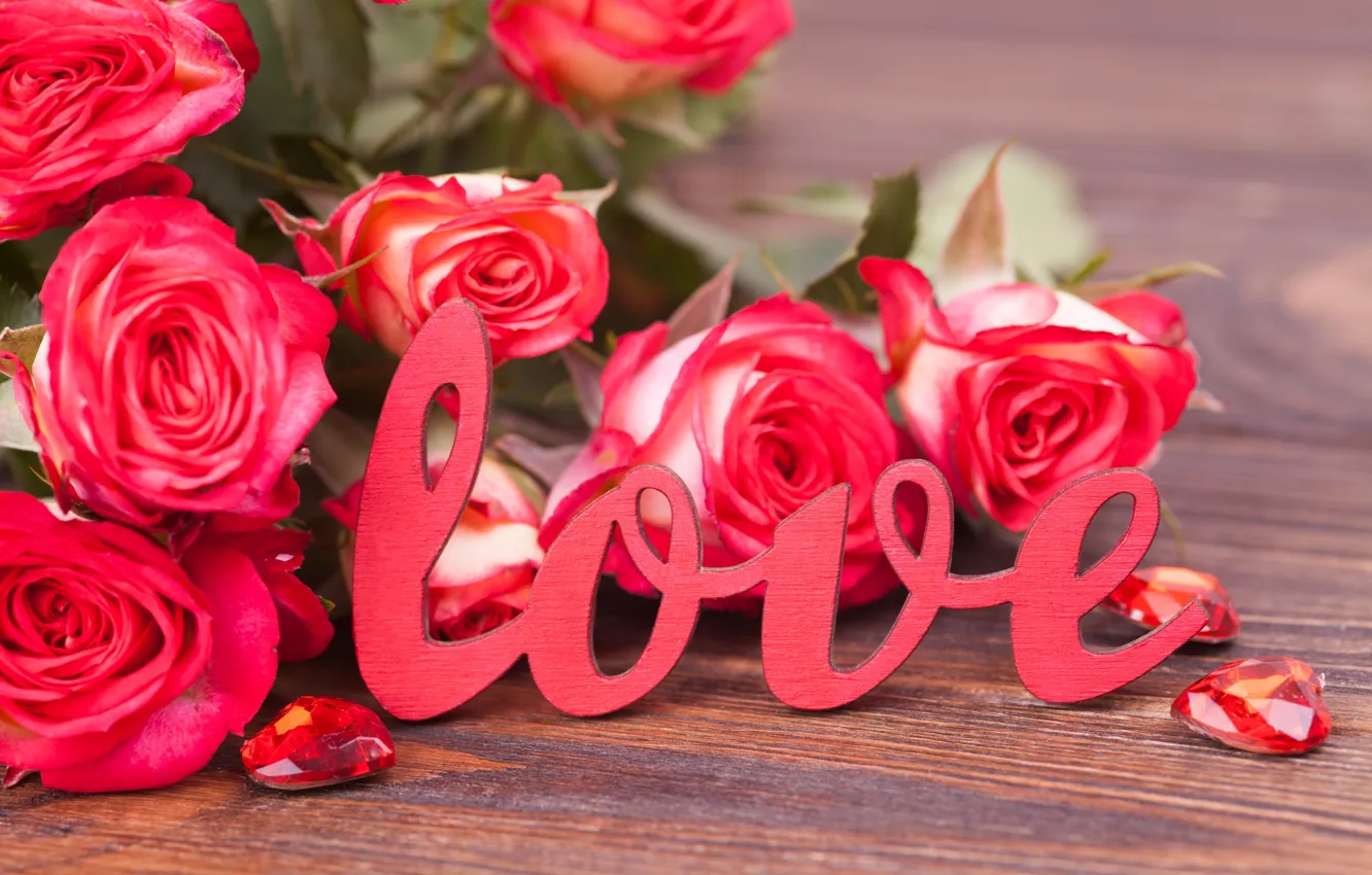 Photo wallpaper holiday, Love, roses, Bouquet, Hearts, Valentine's Day