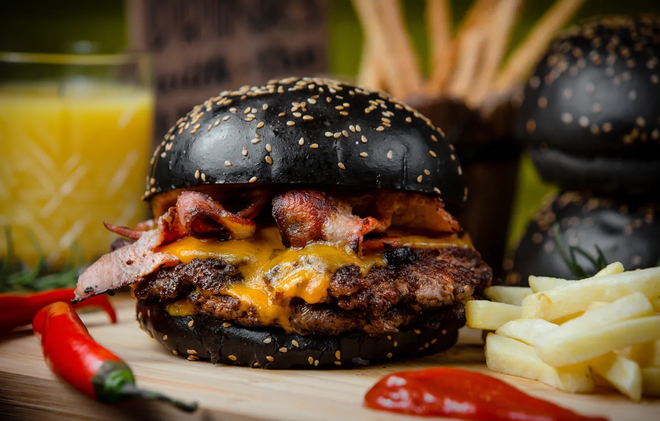 Photo wallpaper black, pepper, sauce, Patty, Chile, bacon, potatoes, Burger