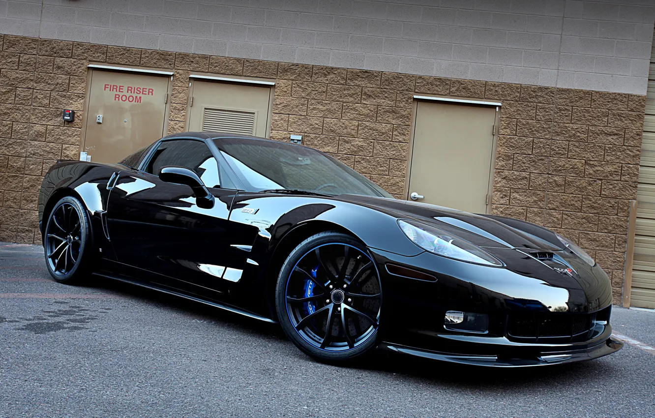 Photo wallpaper black, the building, the door, corvette, Chevrolet, drives, black, zr1