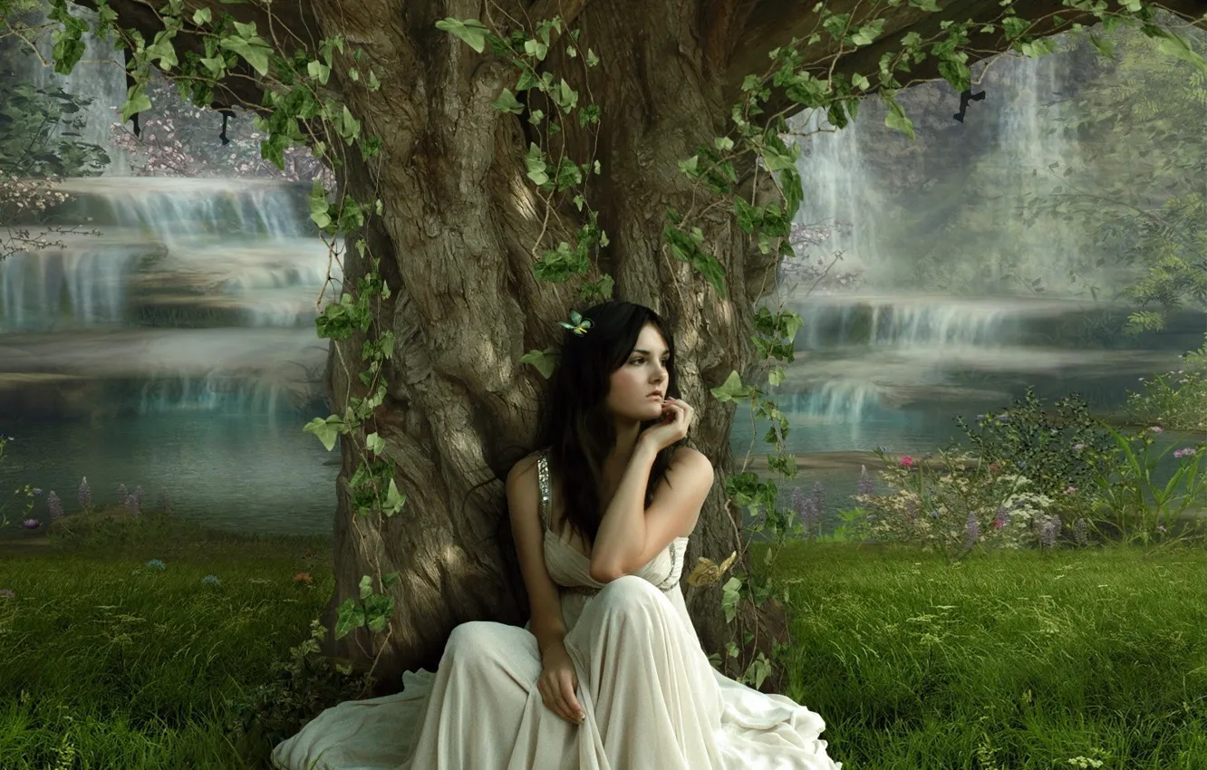 Photo wallpaper girl, tree, dress