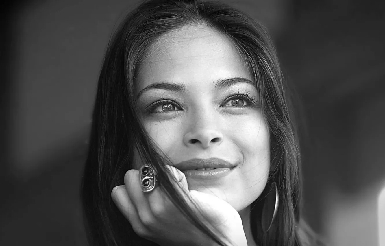 Photo wallpaper look, girl, face, smile, black and white, Kristin Kreuk, Sunny girl