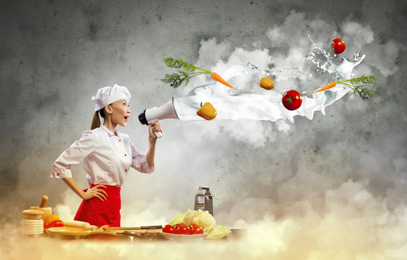 Photo wallpaper girl, creative, milk, cook, Asian, vegetables, tomatoes, carrots