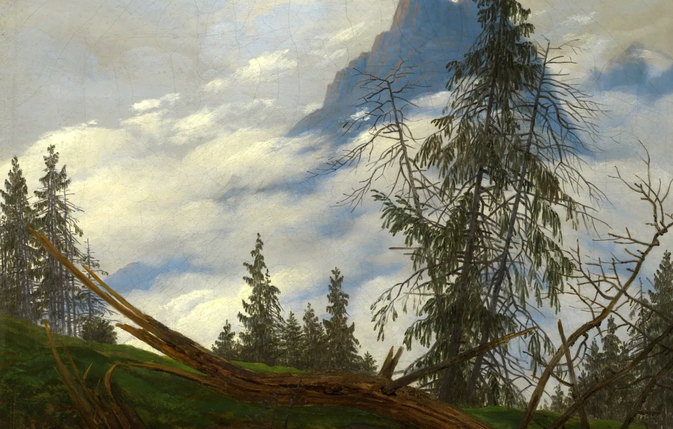 Photo wallpaper landscape, mountains, picture, Caspar David Friedrich, Mountain Peaks with Clouds Moving