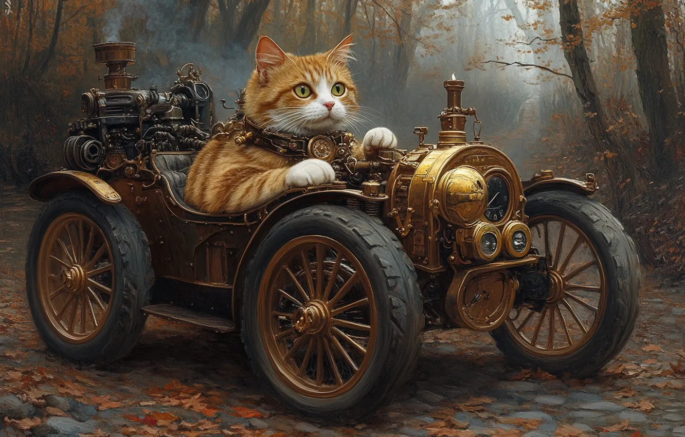 Photo wallpaper machine, autumn, forest, cat, cat, look, trees, pose