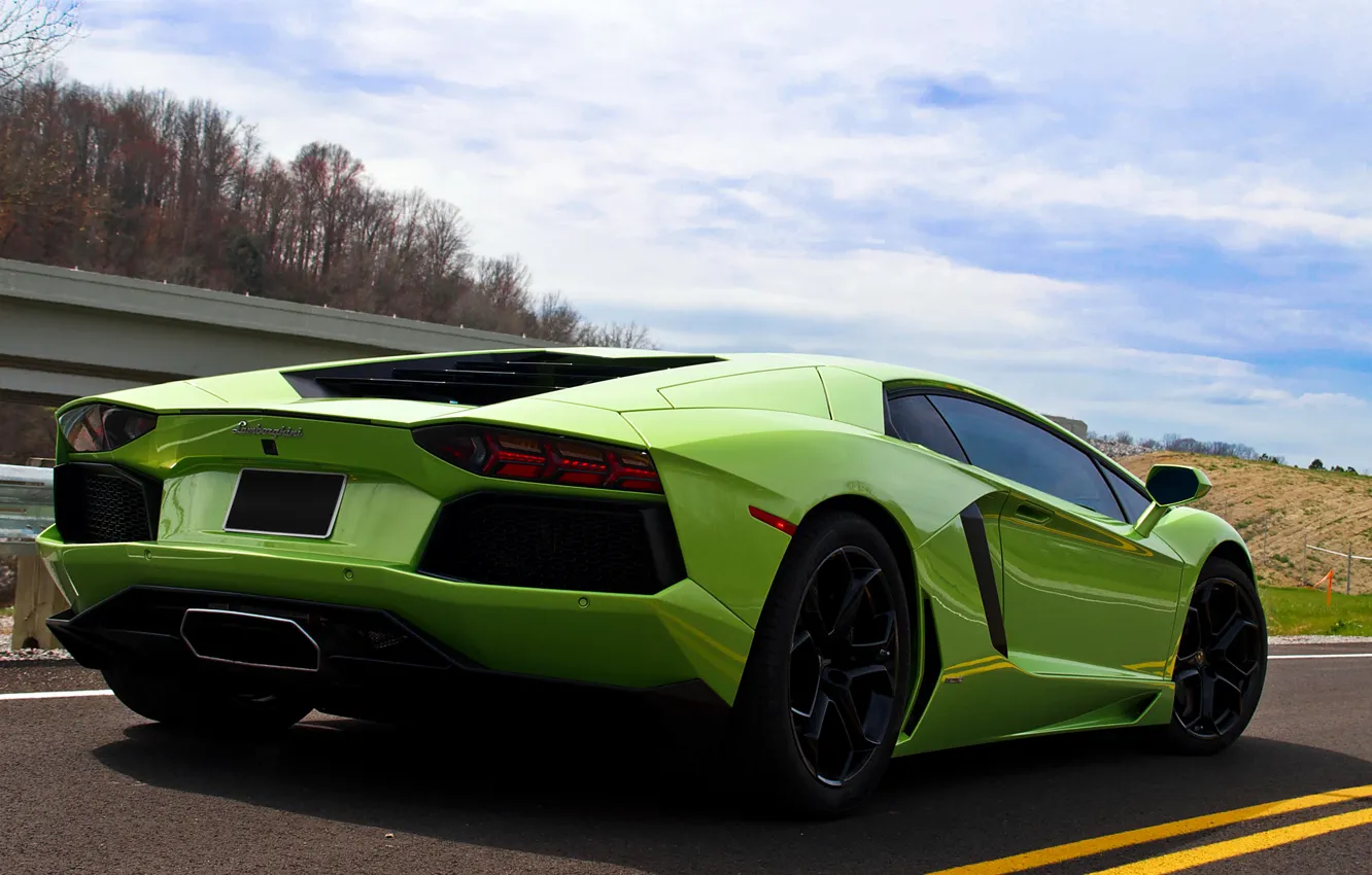 Photo wallpaper road, the sky, green, back, LP700-4, aventador, Lamborghini Aventador