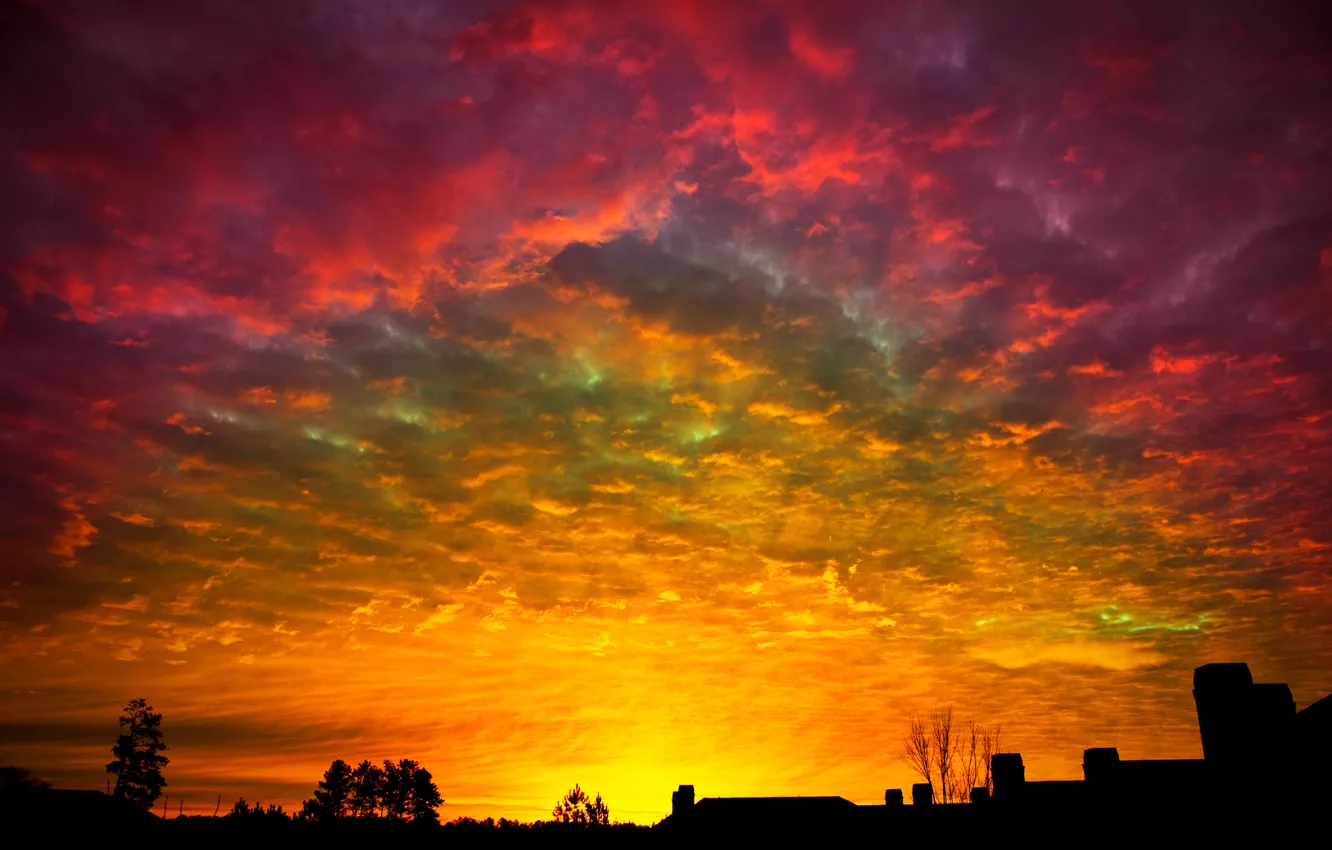 Photo wallpaper roof, the sky, clouds, trees, home, silhouette, glow