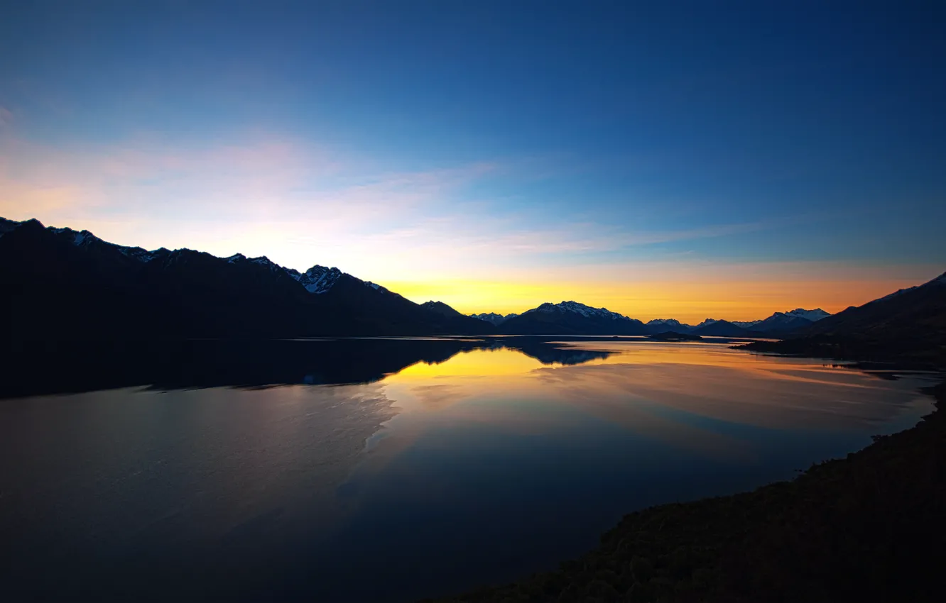 Photo wallpaper the sky, clouds, sunset, mountains, lake, the evening, New Zealand