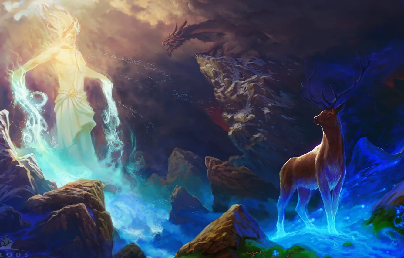 Photo wallpaper stones, magic, dragon, spirit, deer, cave