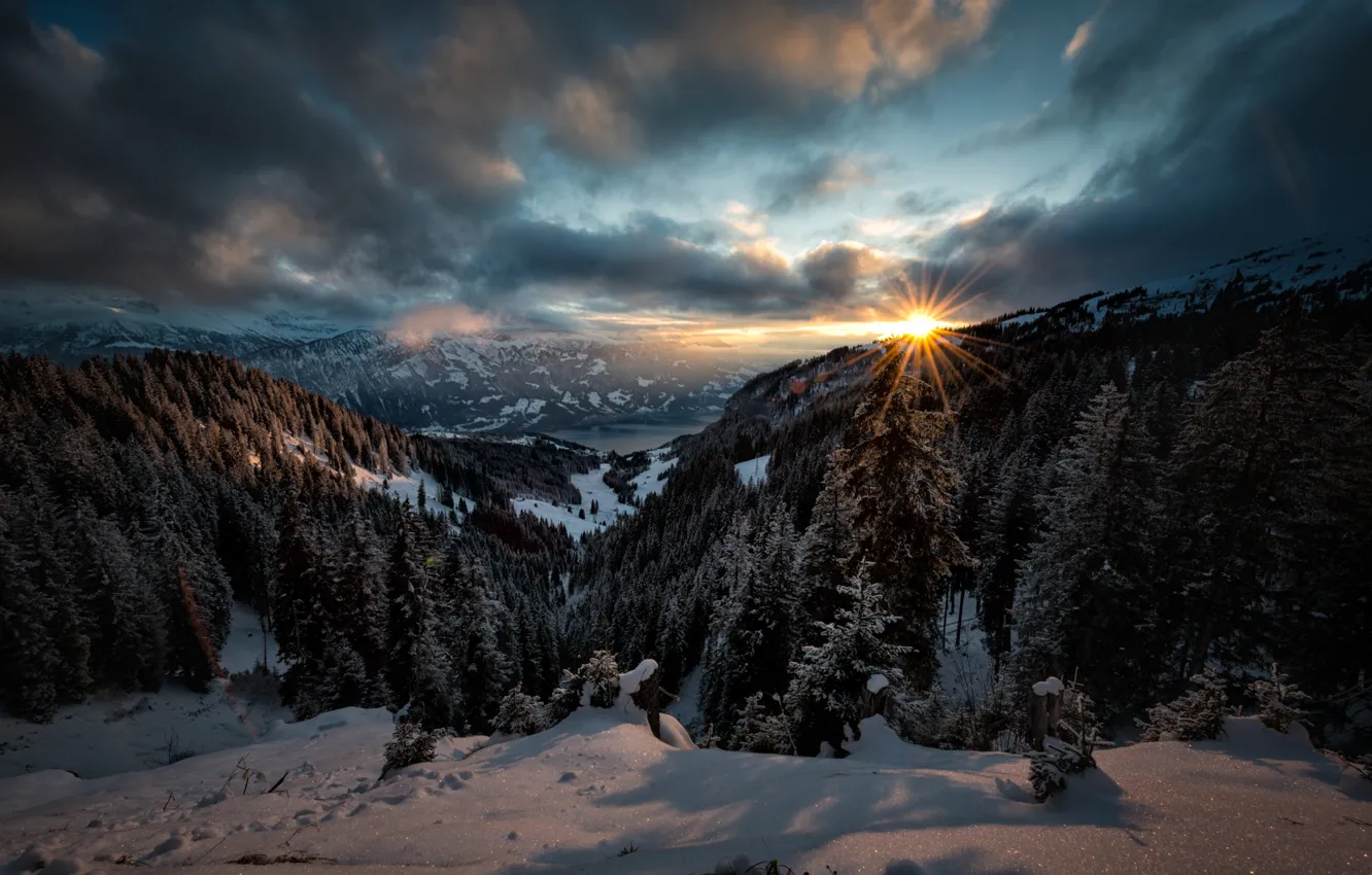 Photo wallpaper winter, the sun, rays, snow, landscape, sunset, mountains, nature