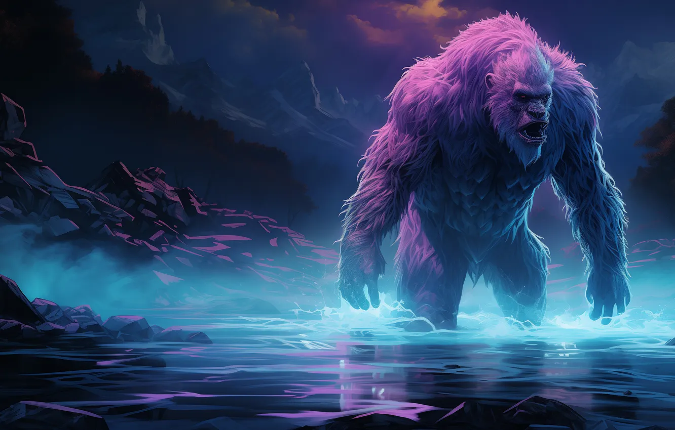 Photo wallpaper mountains, being, river, Yeti, Bigfoot, digital art, Bigfoot, AI art