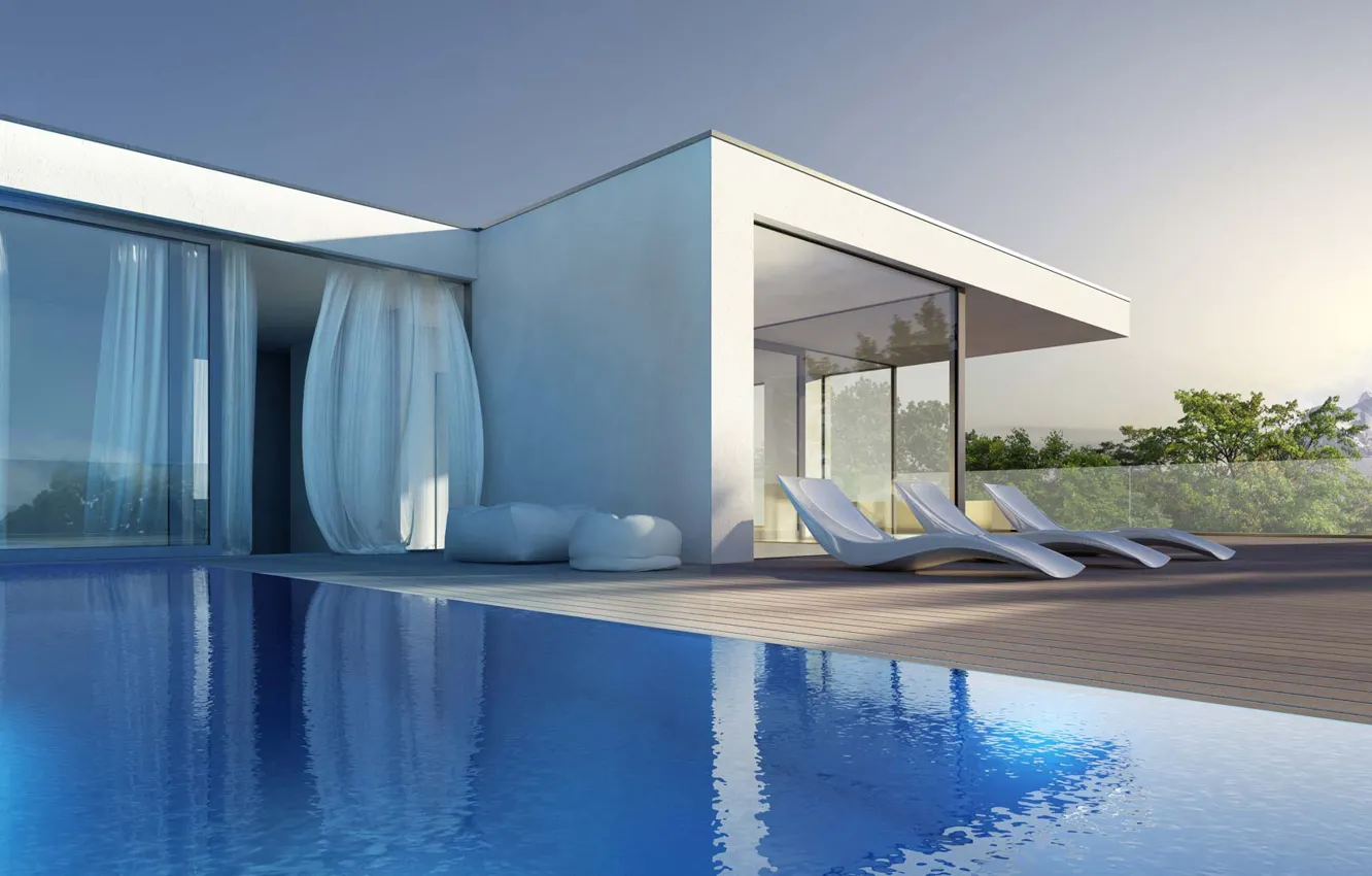 Photo wallpaper Villa, interior, pool, terrace, exterior, Exterior of modern house