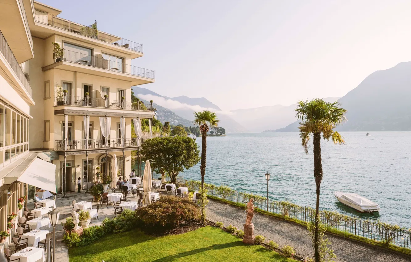 Photo wallpaper lake, palm trees, Villa, Italy, the hotel, Como, Villa Flori