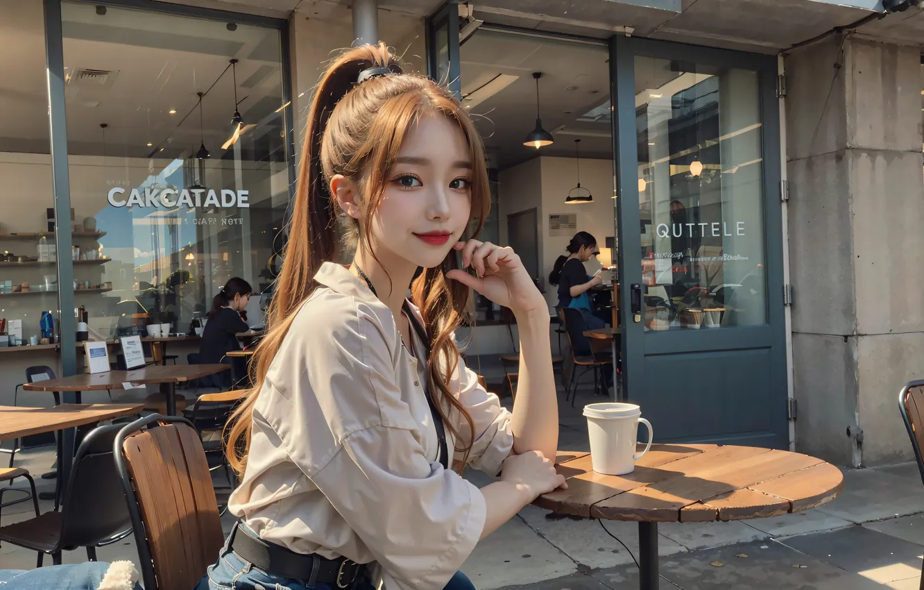 Photo wallpaper long hair, ponytail, women, jeans, coffee, asian, digital art, cafe