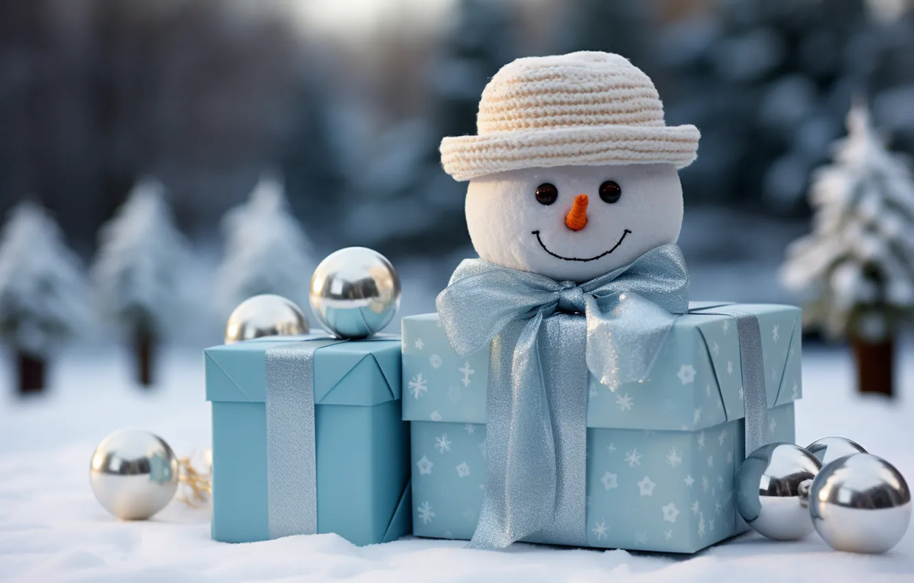 Photo wallpaper winter, snow, decoration, snowflakes, gift, balls, new year, Christmas