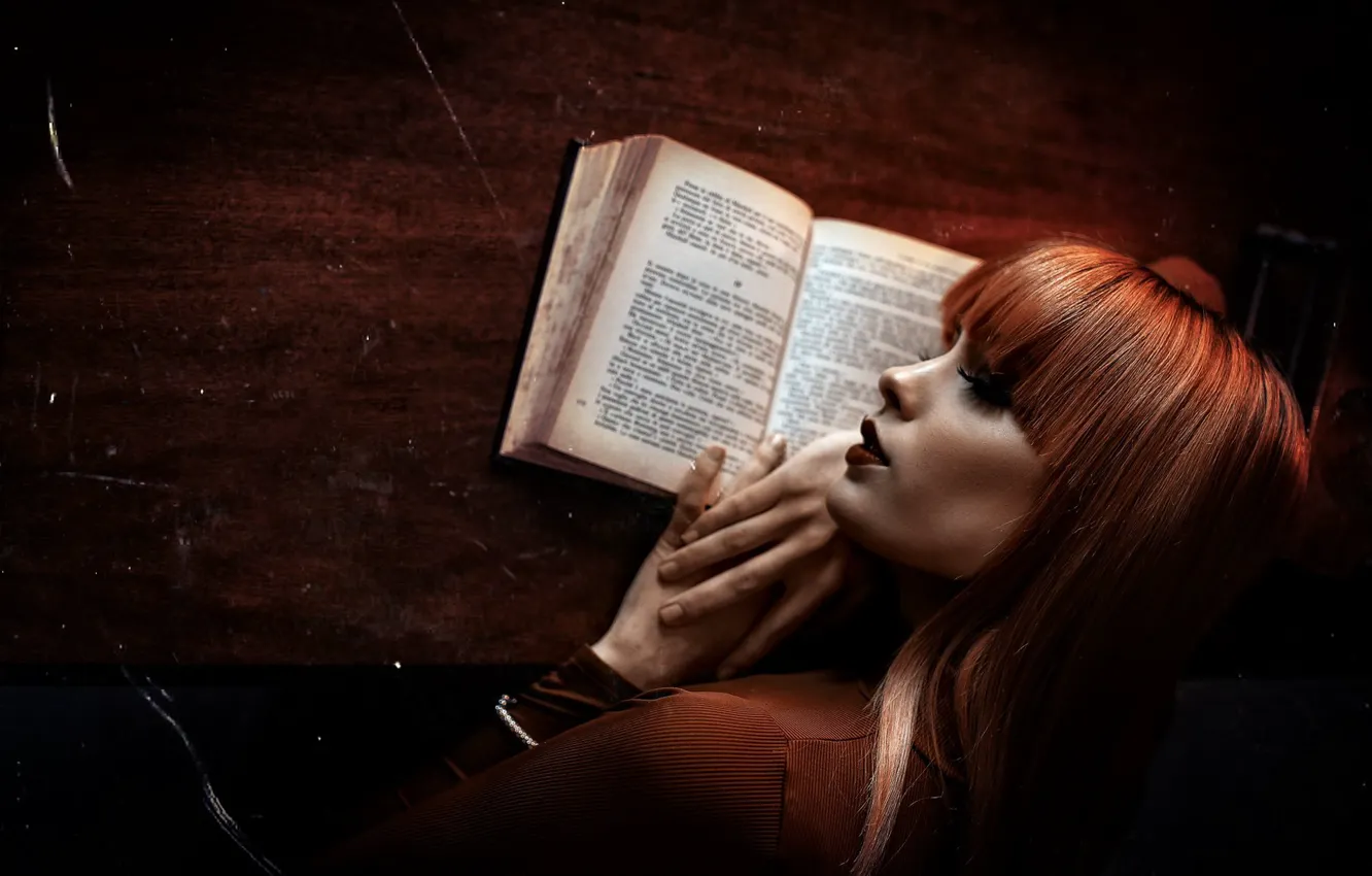 Photo wallpaper face, texture, hands, makeup, book, red, redhead, Alessandro Di Cicco