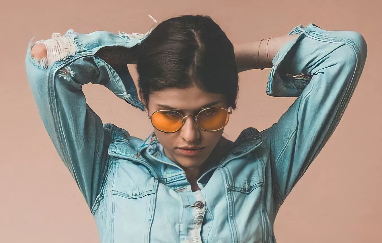Photo wallpaper girl, pose, glasses, shirt, Alexandra Daddario