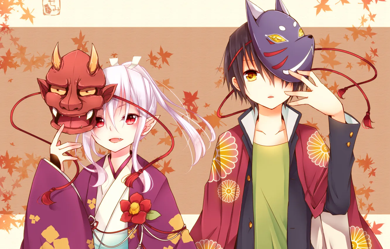 Photo wallpaper leaves, anime, boy, art, girl, kimono, mask, two