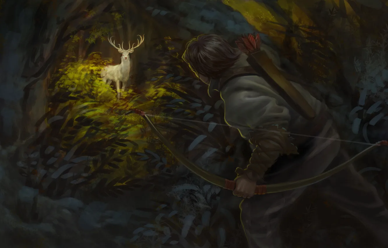 Photo wallpaper forest, deer, bow, art, hunter