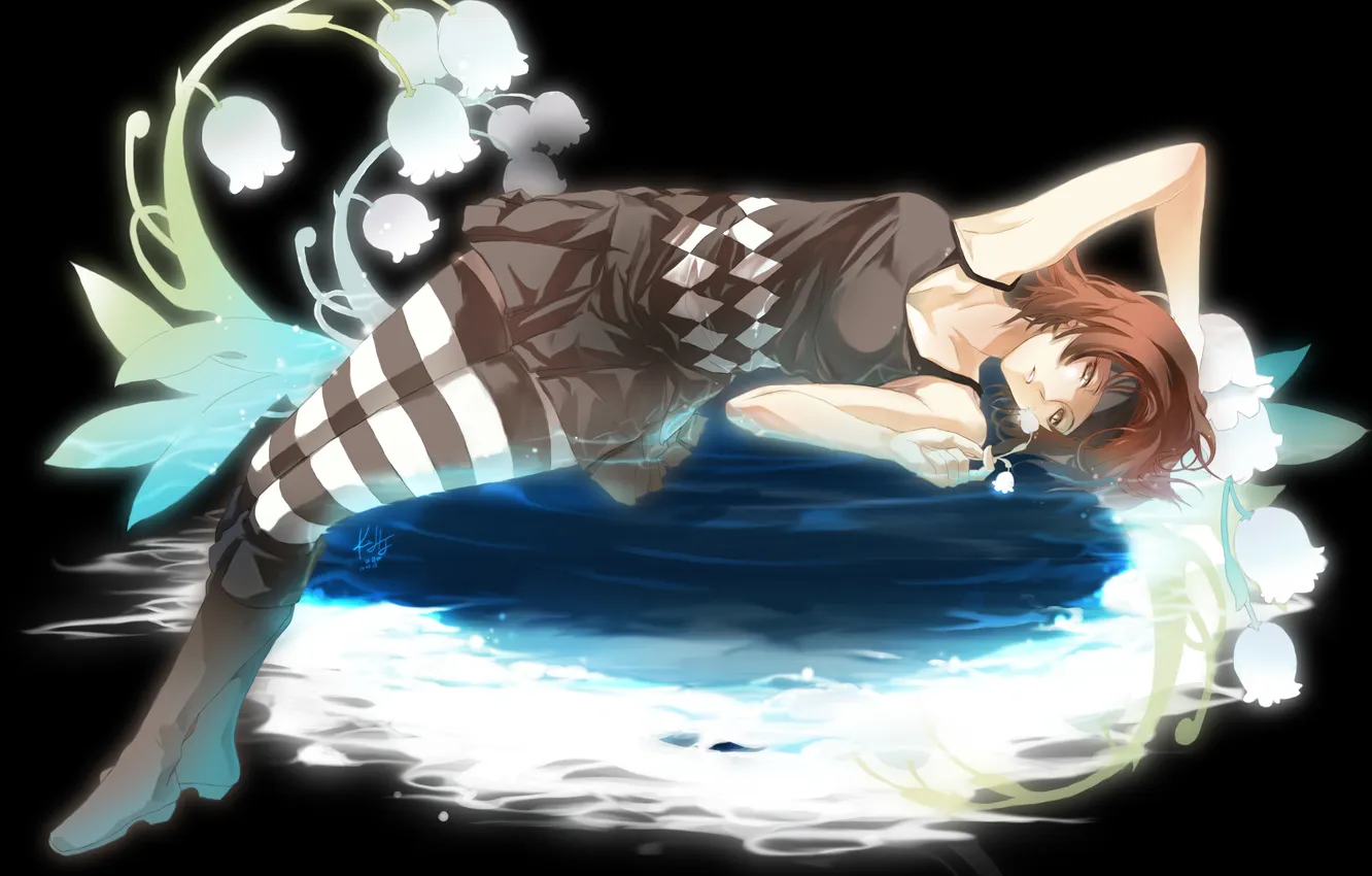 Photo wallpaper water, girl, flowers, anime, art, lilies of the valley, rahwia