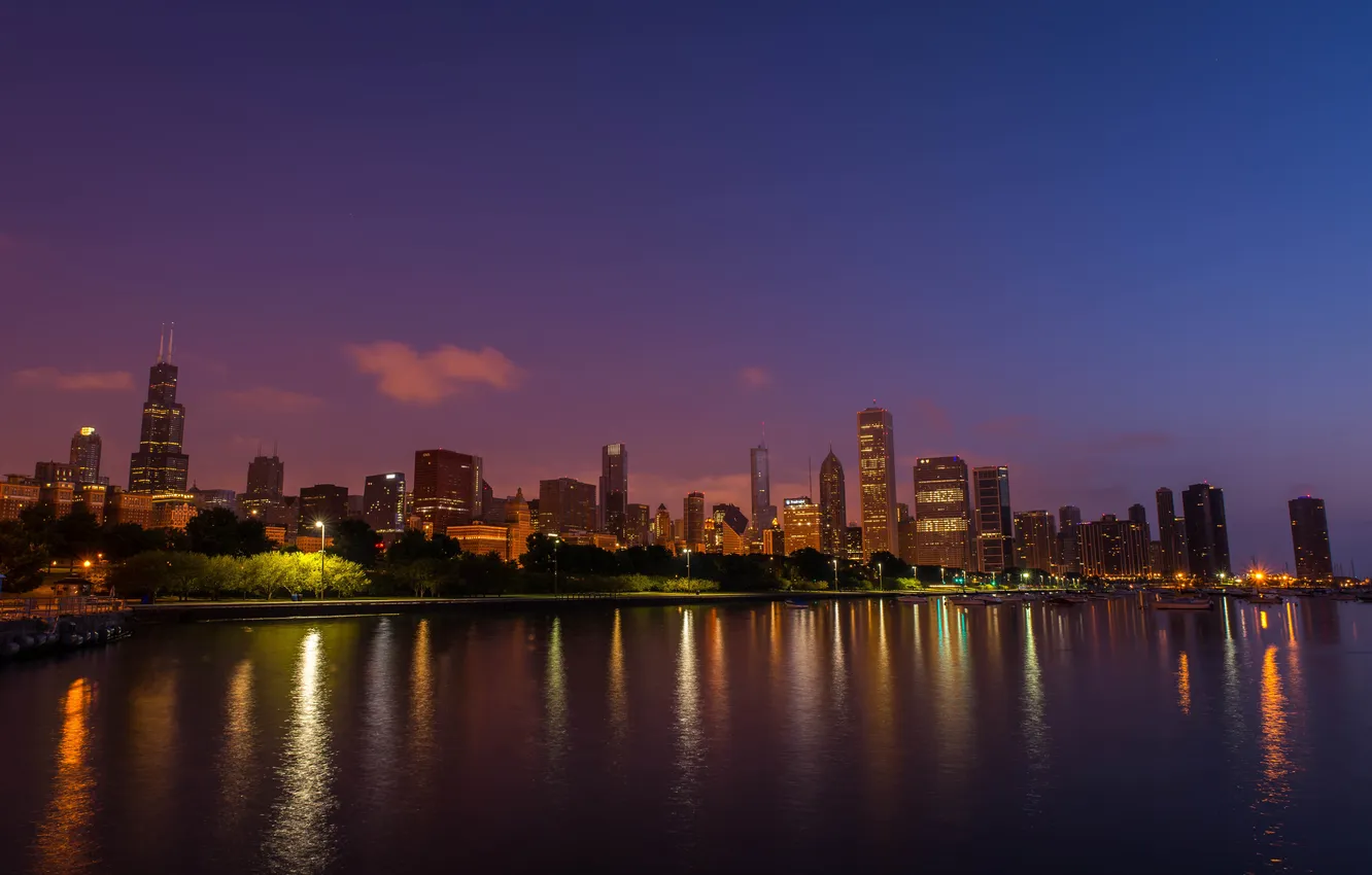 Photo wallpaper night, the city, lights, Chicago, USA, Illinois, panorama