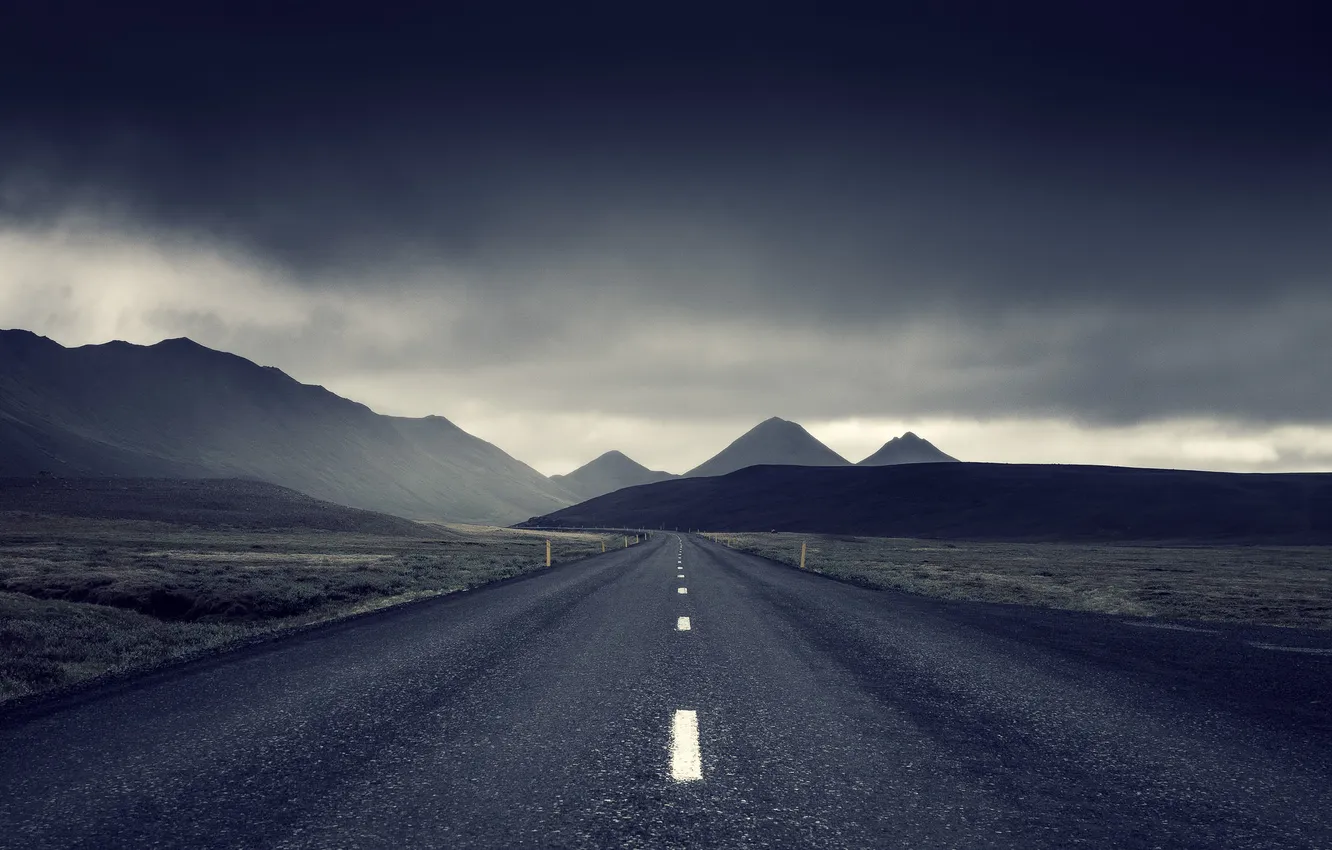 Photo wallpaper road, the storm, field, mountains, gray clouds