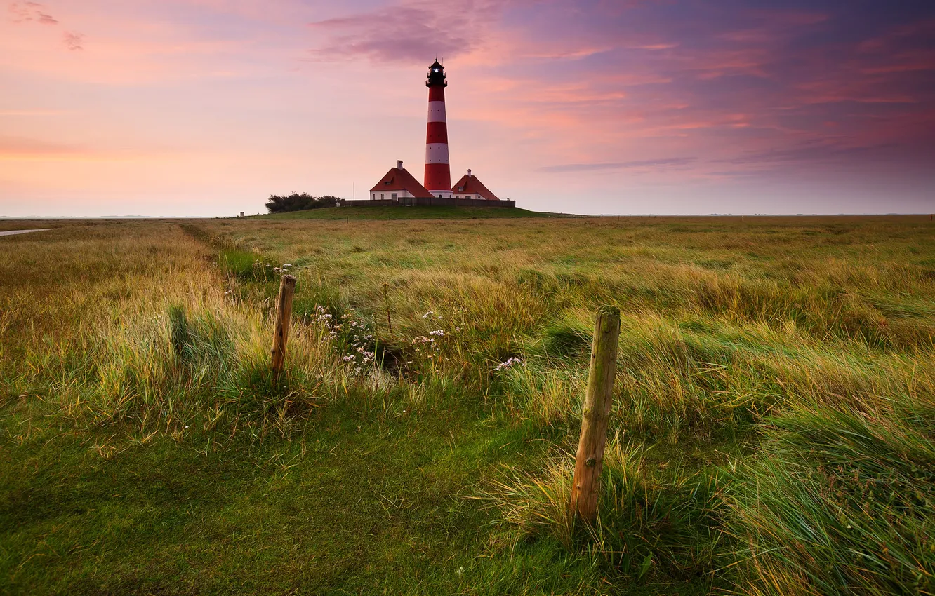 Photo wallpaper the sky, grass, sunset, the wind, lighthouse, the evening