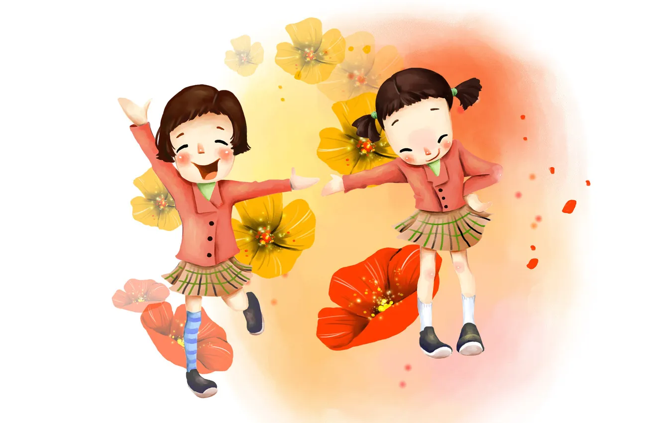 Photo wallpaper joy, flowers, girls, figure, laughter, skirts