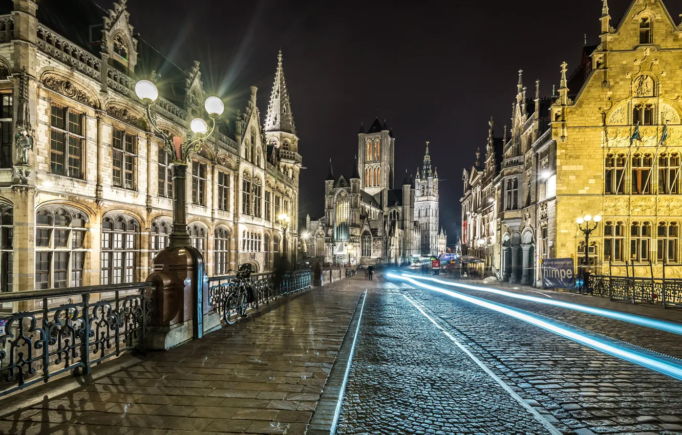 Photo wallpaper road, night, bridge, bike, lights, building, home, excerpt