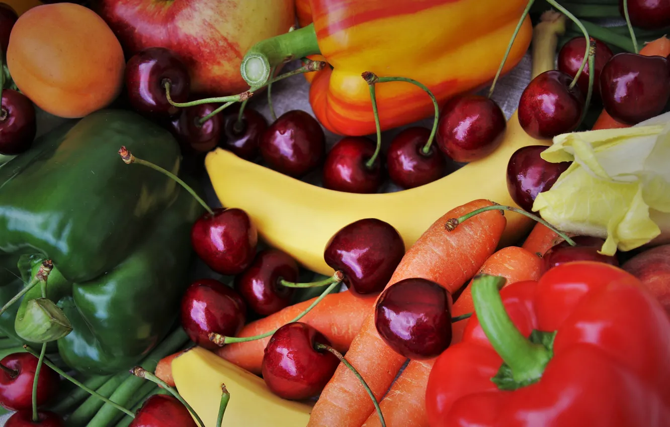 Photo wallpaper red, cherry, green, berries, apples, food, bananas, pepper