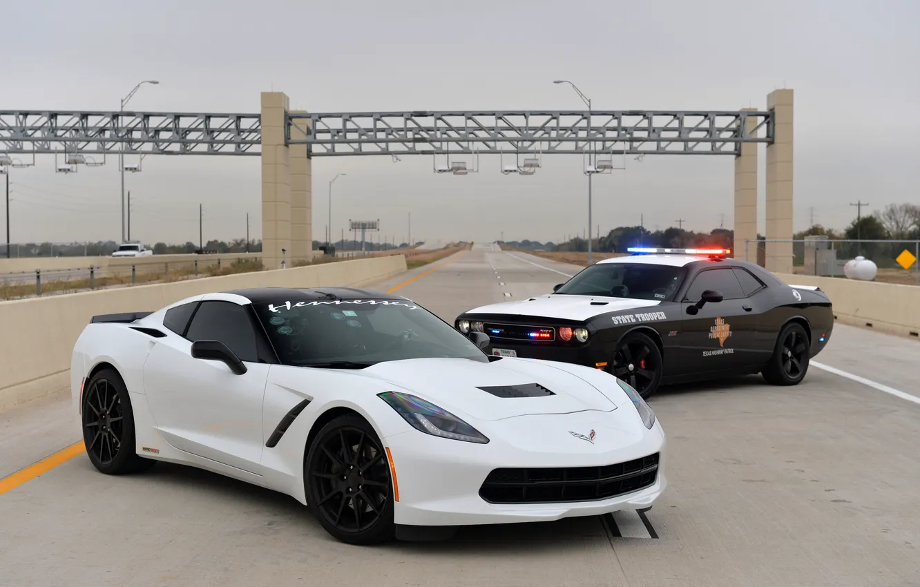 Photo wallpaper Chevrolet, Dodge, Corvette Stingray, police car, hennesey, Challenger SRT