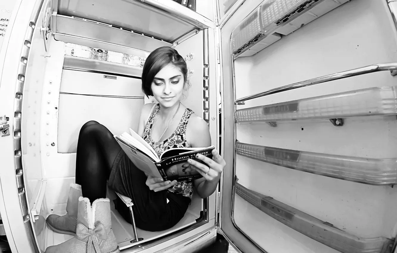 Photo wallpaper girl, refrigerator, book