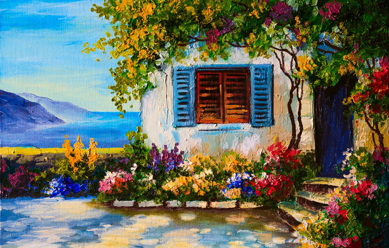 Photo wallpaper flowers, river, home, window, shutters, flowerbed, garden