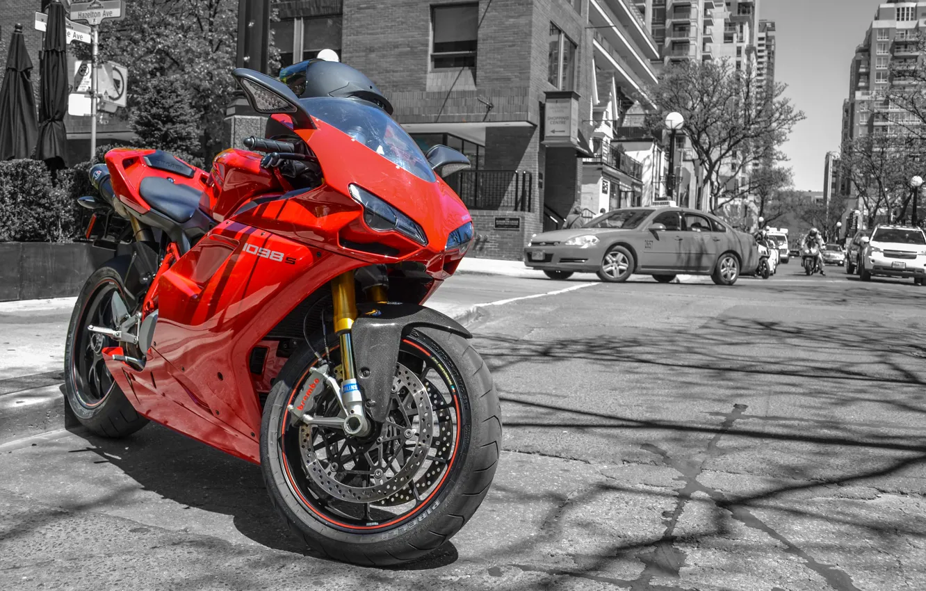 Photo wallpaper machine, red, motorcycle, helmet, red, Ducati, cars, street