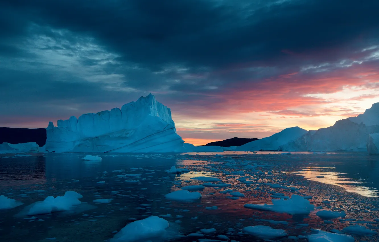 Photo wallpaper snow, sunset, ice, Greenland