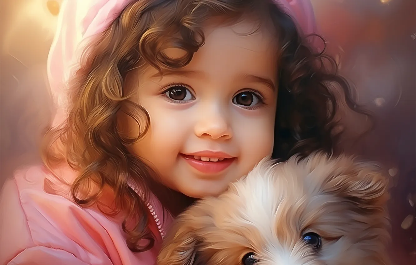 Photo wallpaper autumn, look, light, children, pose, smile, portrait, dog