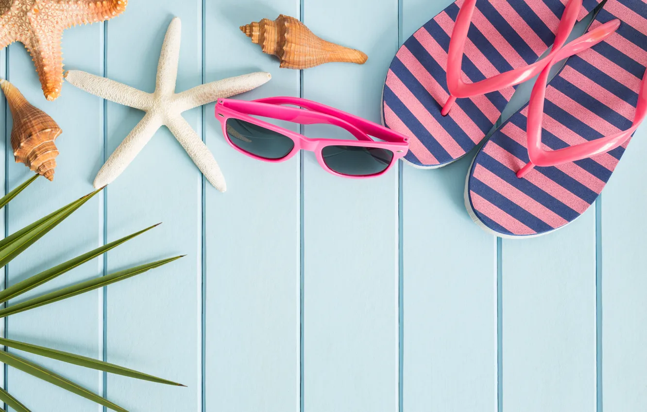 Photo wallpaper sand, beach, summer, stars, stay, vacation, glasses, shell