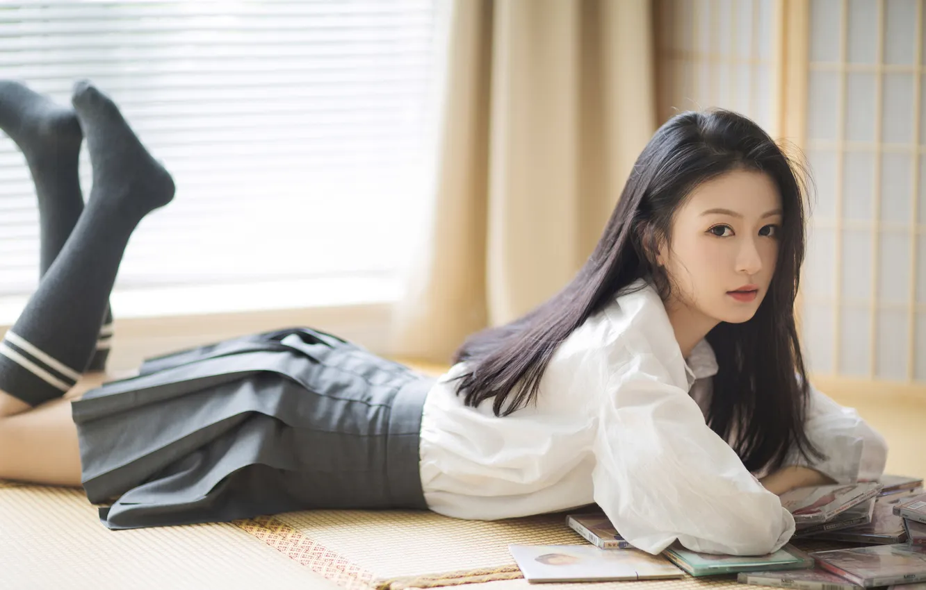 Photo wallpaper look, pose, model, skirt, makeup, brunette, hairstyle, lies