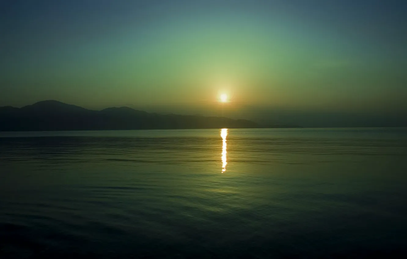 Photo wallpaper sea, the sun, sunset, mountains