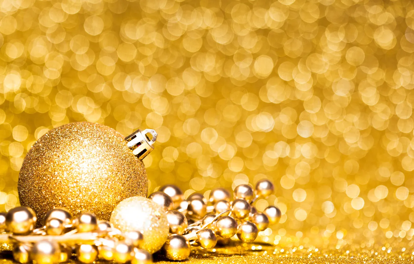 Photo wallpaper gold, toy, new year, ball, beads