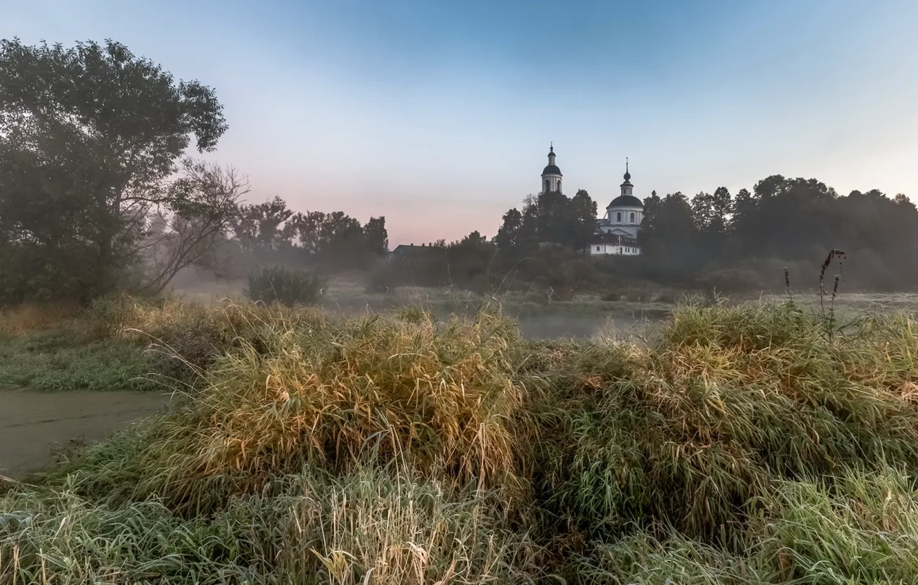 Photo wallpaper field, landscape, fog, temple