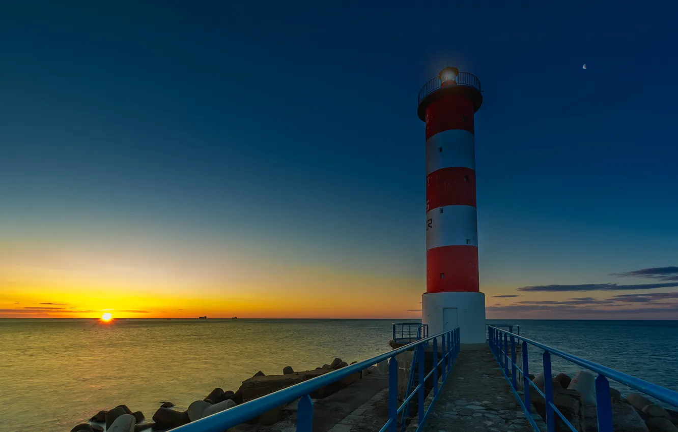Photo wallpaper sea, the sun, sunset, France, lighthouse, Languedoc - Roussillon, Port-La-Nouvelle