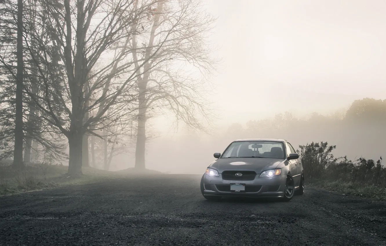 Photo wallpaper road, trees, tree, cars, subaru, Subaru, legacy, fogs