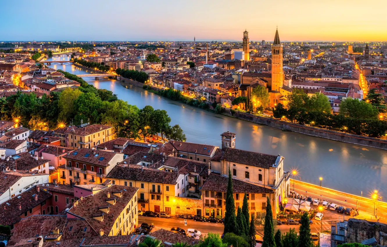 Photo wallpaper night, lights, river, Italy, panorama, Verona